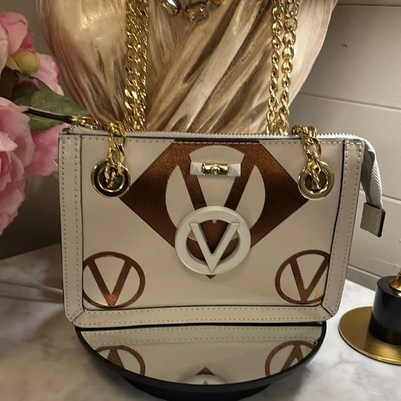 EUC Valentino White and Brown Shoulder Bag with Gold Chain - Picture 1 of 10